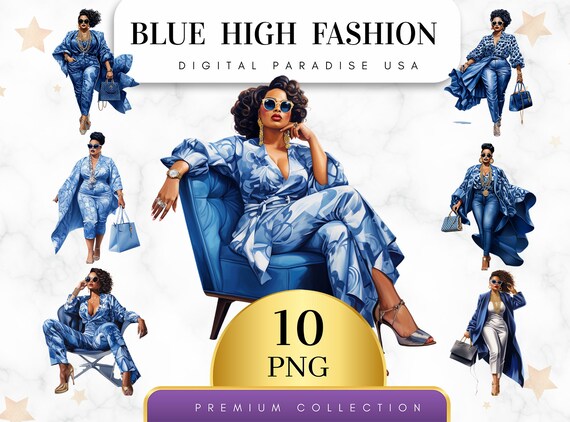 Set of 10, Blue High Fashion Clipart, Black Girl Fashion, Scrapbook Clipart, Fashion PNG, Afro Png, Black Woman, Sublimation, Digital PNG