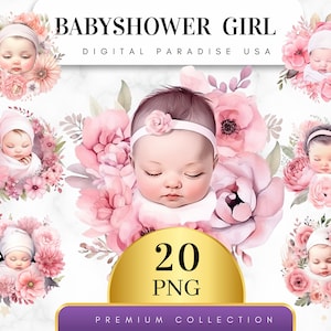 Set of 20, Watercolor Baby Shower Girl PNG, Girl Clipart, Baby Shower Decor, Baby Girrl PNG, Pink Clipart, Sublimation PNG, Digital Download