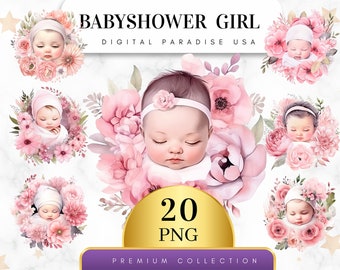 Set of 20, Watercolor Baby Shower Girl PNG, Girl Clipart, Baby Shower Decor, Baby Girrl PNG, Pink Clipart, Sublimation PNG, Digital Download