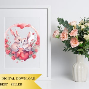 Set of 9, Watercolor Bunnies in Love, Bunny PNG, Bunny in Love Png, Animals Clipart, Bunny Wall Art, Printable Bunnies Art, Digital PNG image 5
