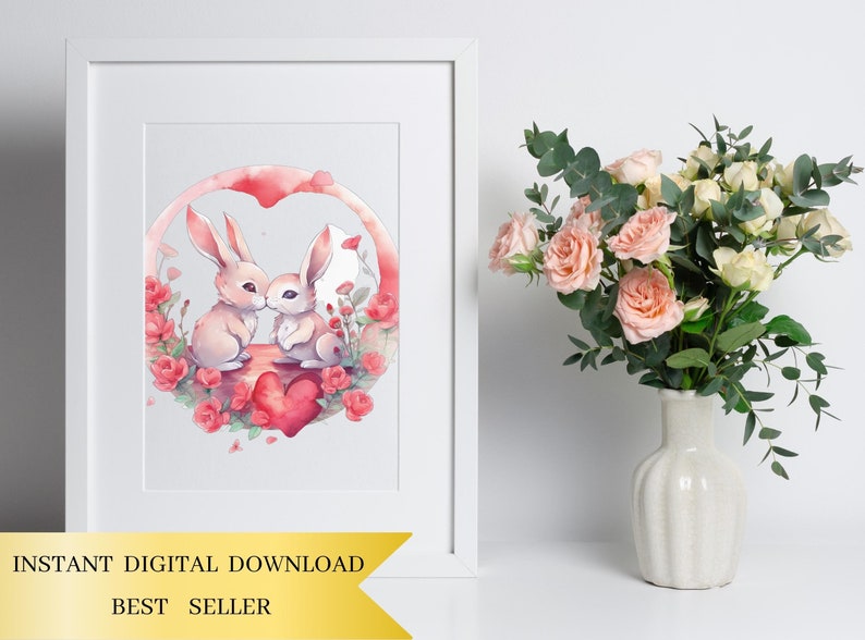 Set of 9, Watercolor Bunnies in Love, Bunny PNG, Bunny in Love Png, Animals Clipart, Bunny Wall Art, Printable Bunnies Art, Digital PNG image 5