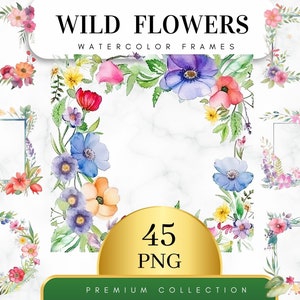Set of 45 PNG+45 JPG, Watercolor wildflower wreath clipart, Wild flower frame, Botanical floral border, Wedding invitation, Digital PNG