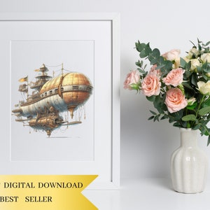 Lot de 16, Clipart dirigeable steampunk, aquarelle steampunk PNG, Art steampunk, décoration Steampunk, victorien, montgolfière PNG, PNG numérique image 5