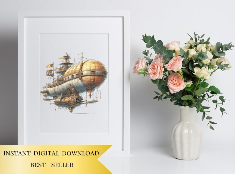 Lot de 16, Clipart dirigeable steampunk, aquarelle steampunk PNG, Art steampunk, décoration Steampunk, victorien, montgolfière PNG, PNG numérique image 5