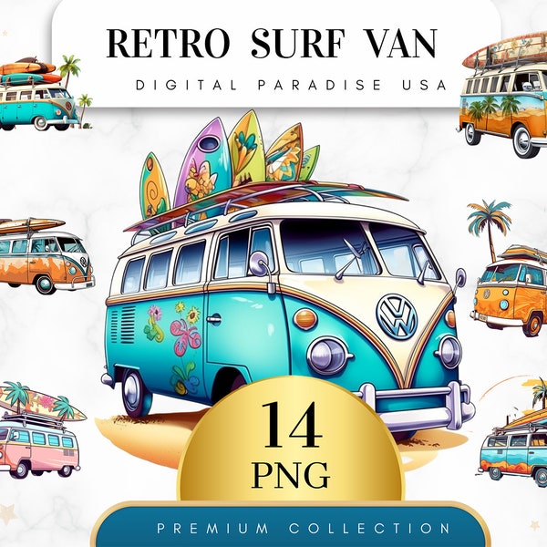 Set of 14, Retro Surf Van Clipart, Surf Van Art, Retro Van PNG, Vintage Van, Summer Clipart, Sublimation PNG, Junk Journal, Digital Download