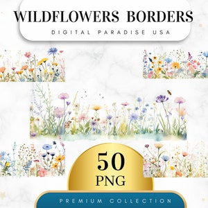 Set of 50, Wildflowers Borders Clipart, Floral Border Clipart, Wildflowers PNG, Wedding Clipart, Floral Border PNG, Sublimation, Digital Png