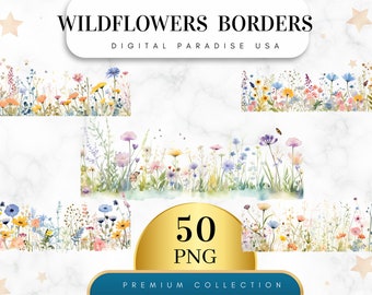 May include: 50 watercolor wildflower border PNG images. The images feature a variety of wildflowers in shades of pink, blue, yellow, and white. The flowers are arranged in a border design, with some flowers overlapping. The background is a white marble texture.