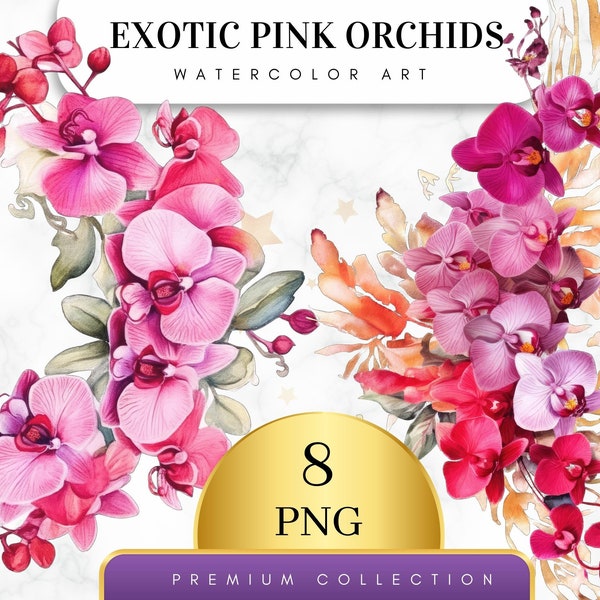 Set of 8, Watercolor Exotic Pink Orchid Clipart, Floral PNG, Floral Clipart, Wedding Clipart, Spring Clipart, Watercolor Flower, Digital PNG