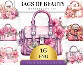 Set of 16, Watercolor Bag of Beauty Clipart, Fashion Bags clipart, Handbag clip Art, Floral Purse Png, Vintage Purse Clipart, Digital Png