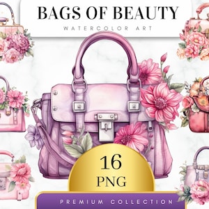 Set von 16, Aquarell Tasche von Schönheit Clipart, Mode Taschen Clipart, Handtasche Clip Art, Floral Geldbörse Png, Vintage Geldbörse Clipart, Digital Png