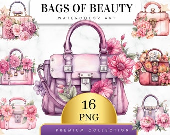 Set of 16, Watercolor Bag of Beauty Clipart, Fashion Bags clipart, Handbag clip Art, Floral Purse Png, Vintage Purse Clipart, Digital Png