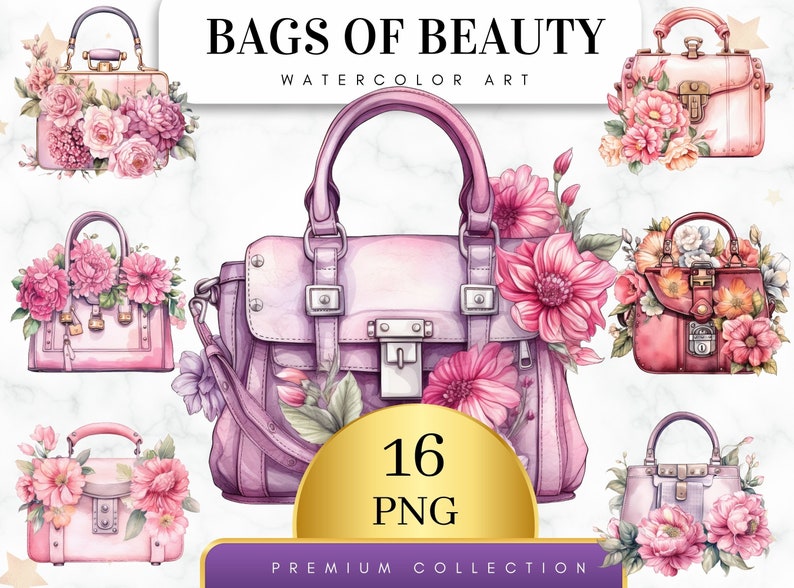 Set of 16, Watercolor Bag of Beauty Clipart, Fashion Bags clipart, Handbag clip Art, Floral Purse Png, Vintage Purse Clipart, Digital Png image 1