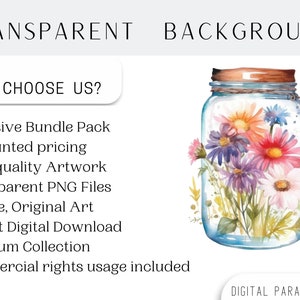 May include: A watercolor painting of a glass jar filled with a bouquet of colorful wildflowers. The jar has a brown lid and a twine tie. The background is transparent.