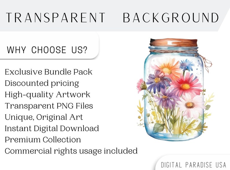 May include: A watercolor painting of a glass jar filled with a bouquet of colorful wildflowers. The jar has a brown lid and a twine tie. The background is transparent.