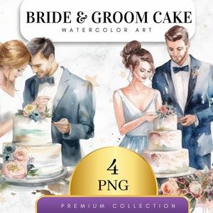 Set of 4, Bride and Groom Cutting Cake Clipart, Wedding Day Clipart,Marriage clipart, Just Married Clipart, Bride and Groom Png, Digital PNG