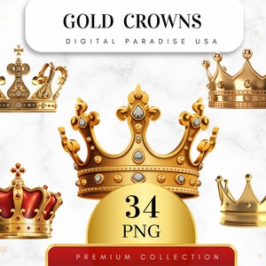 Set of 34, Gold Crowns Clipart, Crown PNG, Royal Crowns Bundle, Scrapbook Crowns, Gold Crown Clipart, Sublimation PNG, Digital Download