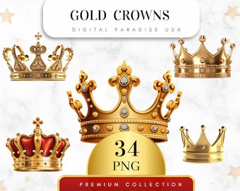 Set of 34, Gold Crowns Clipart, Crown PNG, Royal Crowns Bundle, Scrapbook Crowns, Gold Crown Clipart, Sublimation PNG, Digital Download