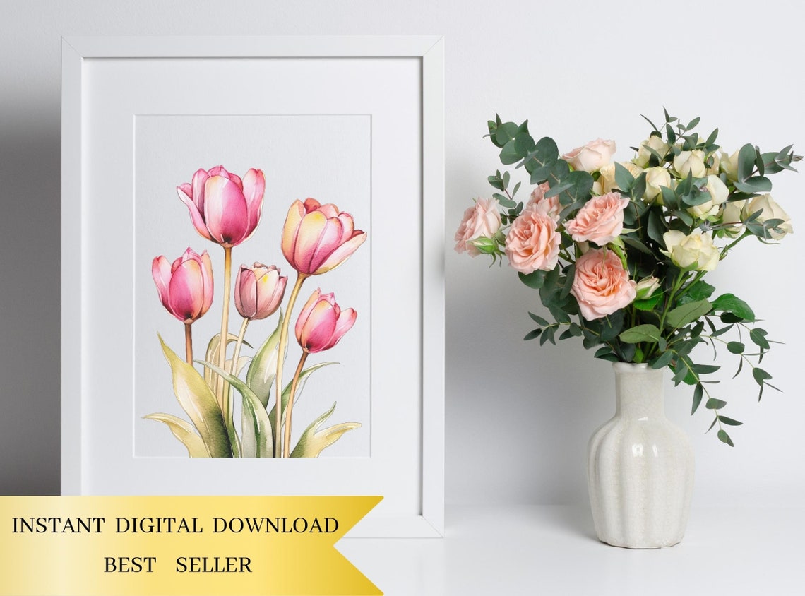 Set of 12, Watercolor Pink Tulips Clipart, Tulips PNG, Floral Clipart ...