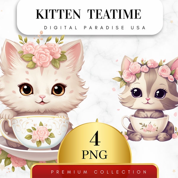 Set of 4, Kitten Teatime Clipart, Cute Kitten PNG, Tea Party Clipart, Kitten Clipart, Watercolor Kitten, Digital Download, Sublimation PNG