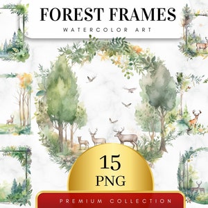 Set von 15, Aquarell rustikale Sommerwald Rahmen, Sommer digitale Rahmen, Wald Rahmen Png, Aquarell Clipart, Laub Clipart, digitale PNG