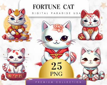 May include: A set of 25 digital illustrations of cute, cartoon fortune cats in various poses. The cats are white with red, gold, and pink accents. The text "25 PNG" is in a gold circle.