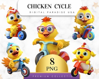 May include: Eight digital illustrations of cute yellow chicks riding different vehicles, including a scooter, a tricycle, and a motorcycle. The illustrations are in a cartoon style and are perfect for use in children's books, websites, or other creative projects. The text "8 PNG" is displayed in a gold circle.