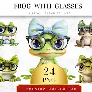 Set of 24, Frog with Glasses Clipart, Frog Clipart, Boho Frog, Cute Frog, Animal Clipart, Watercolor Frog, Sublimation PNG, Digital Download