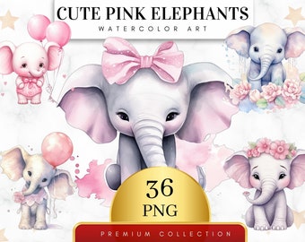 Set of 36, Cute Pink Elephant Clipart, Elephants PNG, Baby Shower Clipart, Nursery Decor, Pink Elephants, Sublimation PNG, Digital Download