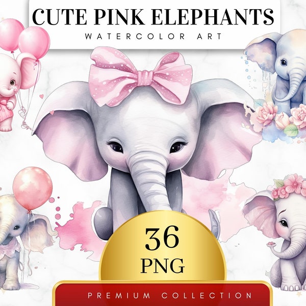 Set of 36, Cute Pink Elephant Clipart, Elephants PNG, Baby Shower Clipart, Nursery Decor, Pink Elephants, Sublimation PNG, Digital Download