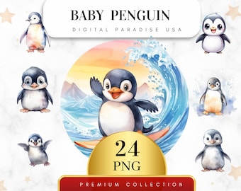 Conjunto de 24 imágenes prediseñadas de pingüino bebé, imágenes PNG de pingüino, imágenes prediseñadas de invierno, ilustración de pingüino, pingüino lindo, imágenes prediseñadas para álbum de recortes, sublimación, PNG digital