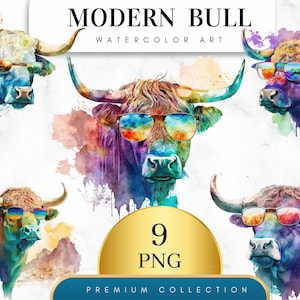 Set of 9, Watercolor Modern Bull, Watercolor Bull clipart, Bull Png, Wall Art, Watercolor Animal Clip art, Sublimation Designs,  Digital Png
