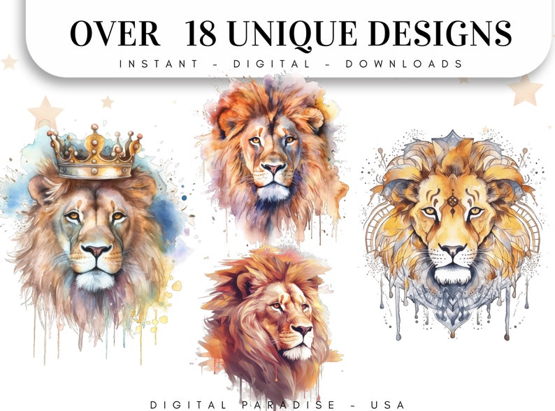 Set of 18, Watercolor Lion Clipart, Lion PNG, Boho Lion Set, Watercolor Lion, Baby shower Clipart, Digital Art, Sublimation Png, Digital PNG image 2