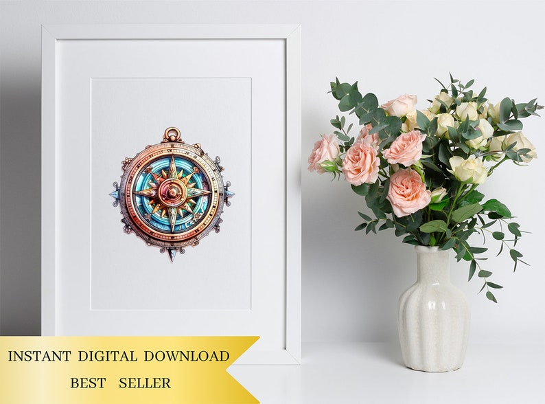 Set of 26, Steampunk Compass Clipart, Vintage Compass PNG, Victorian Nautical Art, Retro Clipart, Sublimation Png, Wall Art,Digital Download image 5