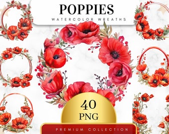 Set of 40, Watercolor Poppies Flower Clipart, Floral Frame Clipart, Watercolor Floral Png, Wedding Clipart, Floral Wreath png, Digital Png