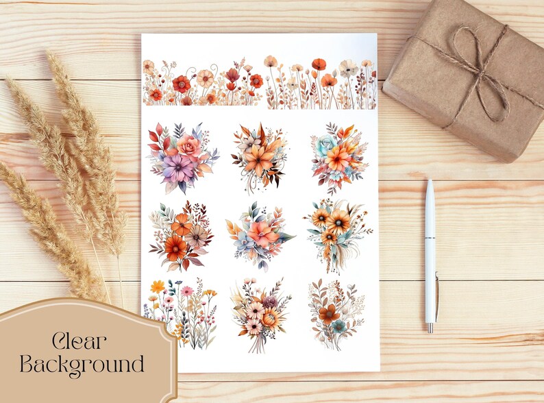 Lot de 120, dessin au trait floral aquarelle terreux, Clipart floral, imprimé floral, Clipart botanique, Art floral Png, Clipart mariage, numérique Png image 3