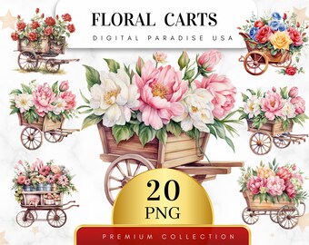 Set von 20, Blumenwagen Clipart, Blumen PNG, Blumenwagen PNG, Garten Clipart, Frühling Clipart, Aquarell Warenkorb, Sublimation, digitaler Download