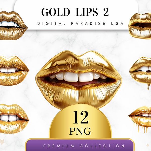 Set of 12, Gold Lips Clipart, Lips PNG, Vintage Lips Clipart, Lips Clip Art, Beauty Clipart, Junk Journal, Sublimation PNG, Digital Download