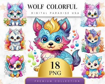 Set of 18, Colorful Wolf Clipart, Wolf PNG, Watercolor Wolf, Boho Wolf, Animal Clipart, Scrapbook Clipart, Sublimation PNG, Digital Download