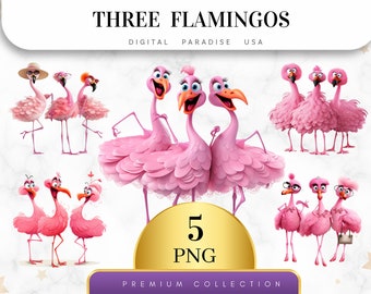 Set of 5, Watercolor Three Flamingos, Pink Flamingo PNG, Flamingo Art, Tropical Birds, Junk Journal Clipart, Sublimation, Digital Download