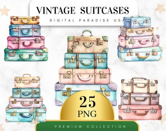 Set von 25, Vintage Koffer Clipart, Retro Koffer PNG, Reise Clipart, Junk Journal Zubehör, Scrapbook PNG, Sublimation, digitaler Download