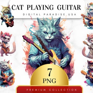 Set of 7, Watercolor Cat with Guitar, Guitar png, Musical Clipart, Cat PNG, Floral guitar, Rock Clipart, Cat Clipart, Wall Art, Digital Png