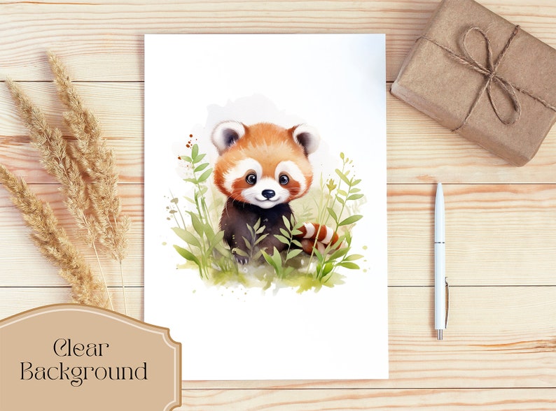 May include: A watercolor illustration of a red panda sitting in a patch of green foliage. The red panda has a white face with black eyes and a black nose. The red panda is surrounded by green leaves and flowers.