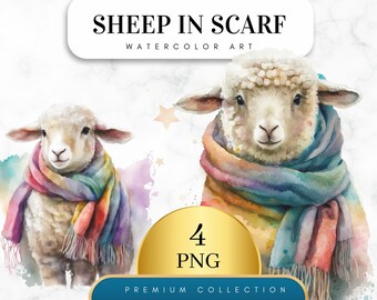 Set of 4, Watercolor sheep in scarf Clipart, Sheep Png, Farm Animal PNG, Digital Art, Sublimation, Sheep art, Wall Art, Digital PNG