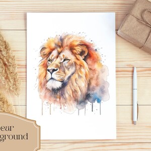 May include: Watercolor painting of a lion's head with a white background. The lion has a mane of orange and brown fur, and its eyes are a light brown color. The painting has a watercolor effect, with splashes of color around the lion's head.
