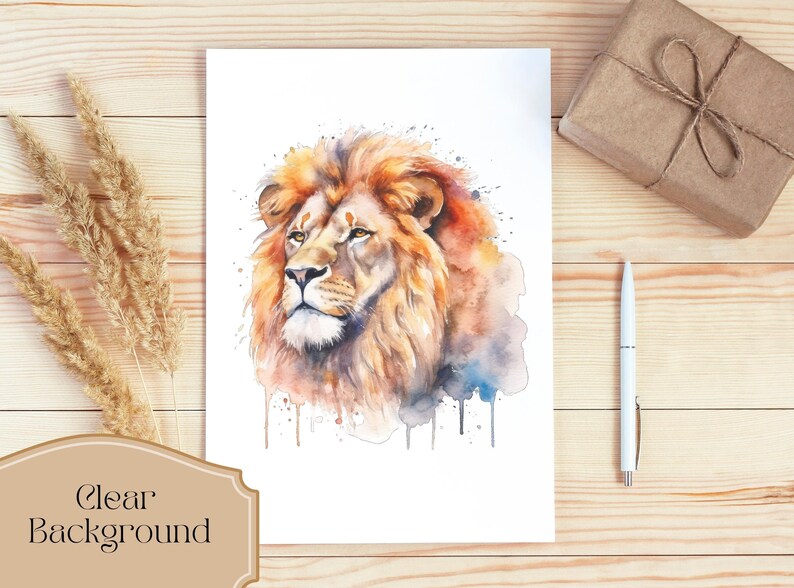May include: Watercolor painting of a lion's head with a white background. The lion has a mane of orange and brown fur, and its eyes are a light brown color. The painting has a watercolor effect, with splashes of color around the lion's head.
