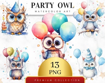Set of 13, Watercolor Owl Party Clipart , Owl with Ballons clipart, Baby Owl PNG, Owl  Art, Sublimation Png, Birthday Clip art, Digital PNG