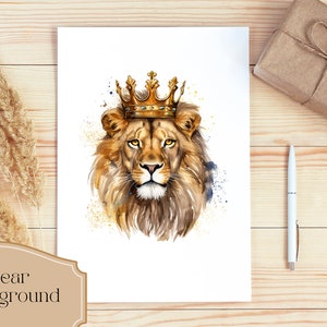 May include: A watercolor painting of a lion wearing a gold crown. The lion has a serious expression and is looking directly at the viewer. The background is white.