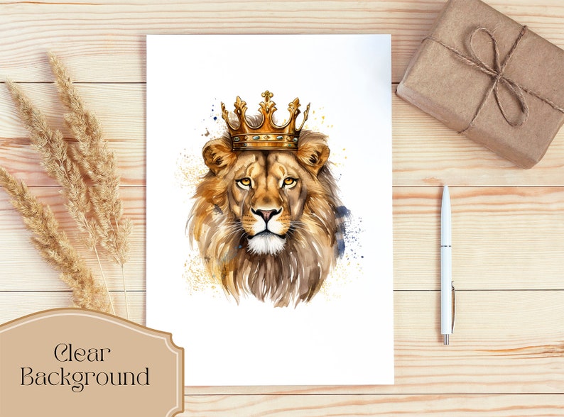 May include: A watercolor painting of a lion wearing a gold crown. The lion has a serious expression and is looking directly at the viewer. The background is white.