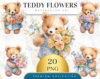 Set of 20, Watercolor Teddy Bear with Flowers, Teddy Bear PNG, Nursery Art, Cute Teddy Clipart, Sublimation Png, Teddy Bear Art, Digital PNG