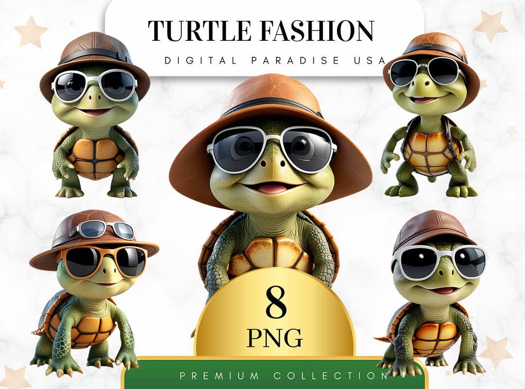 Set of 8, Turtle Fashion Clipart, Cute Turtle PNG, Sea Turtle Clipart ...